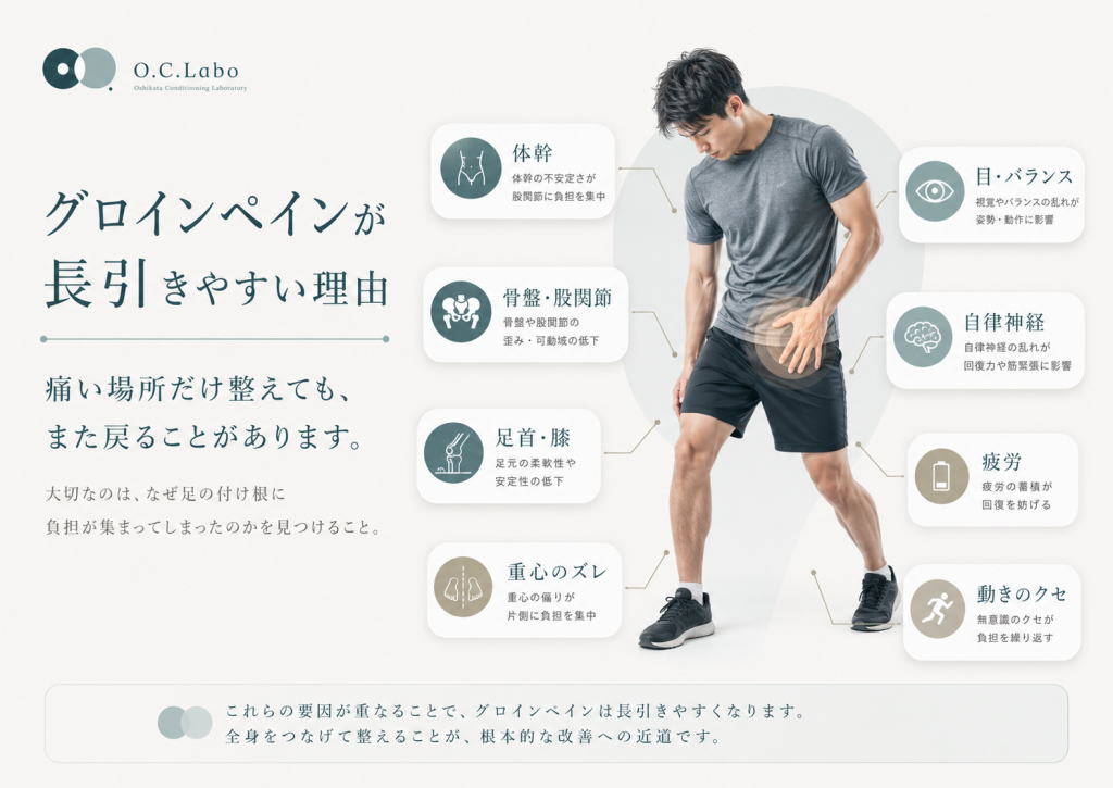 グロインペイン症候群の原因を股関節だけでなく骨盤・体幹・重心・ストレス・内臓まわりの緊張まで見て説明したO.C.Laboの画像