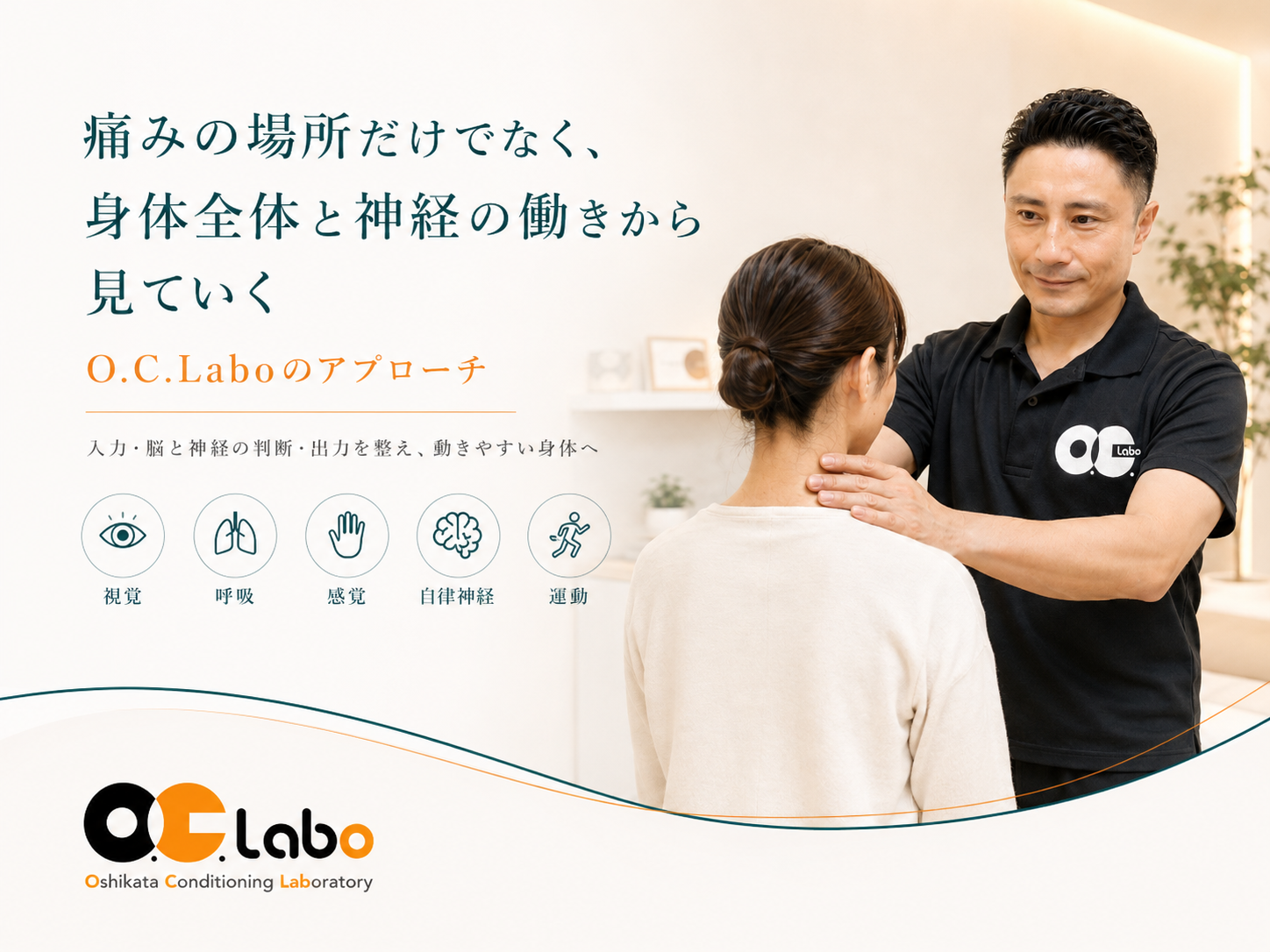 O.C.Laboの院長が施術を行い、痛みの場所だけでなく身体全体と神経の働きから不調を見る当院のアプローチを表した画像