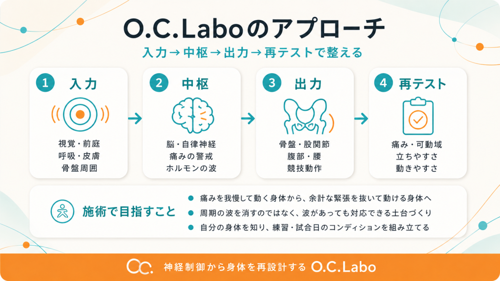 O.C.Laboのアプローチ。入力、中枢、出力、再テストで身体を整える流れ