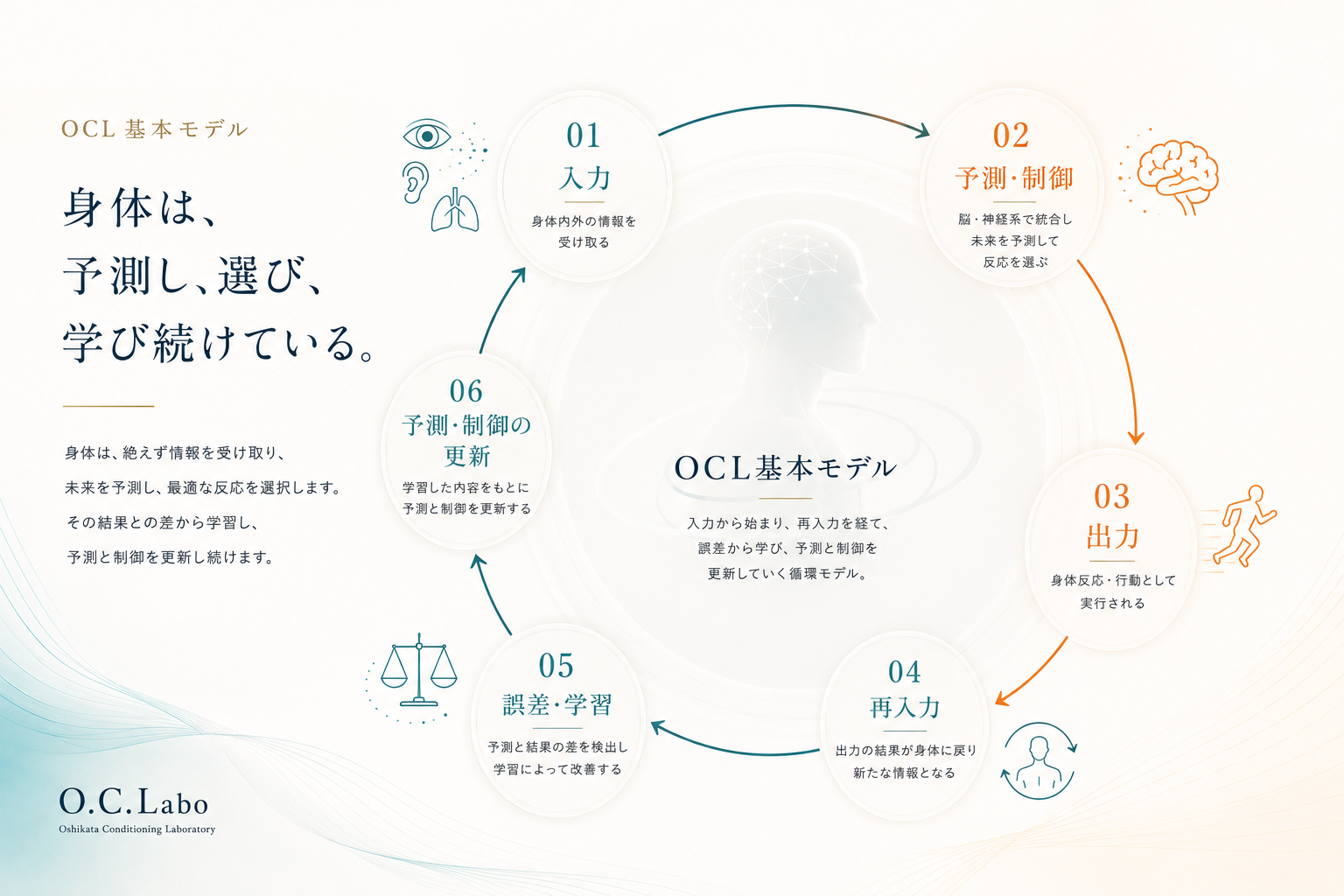 OCL基本モデル。入力、予測・制御、出力、再入力、誤差・学習、予測・制御の更新が循環する流れ