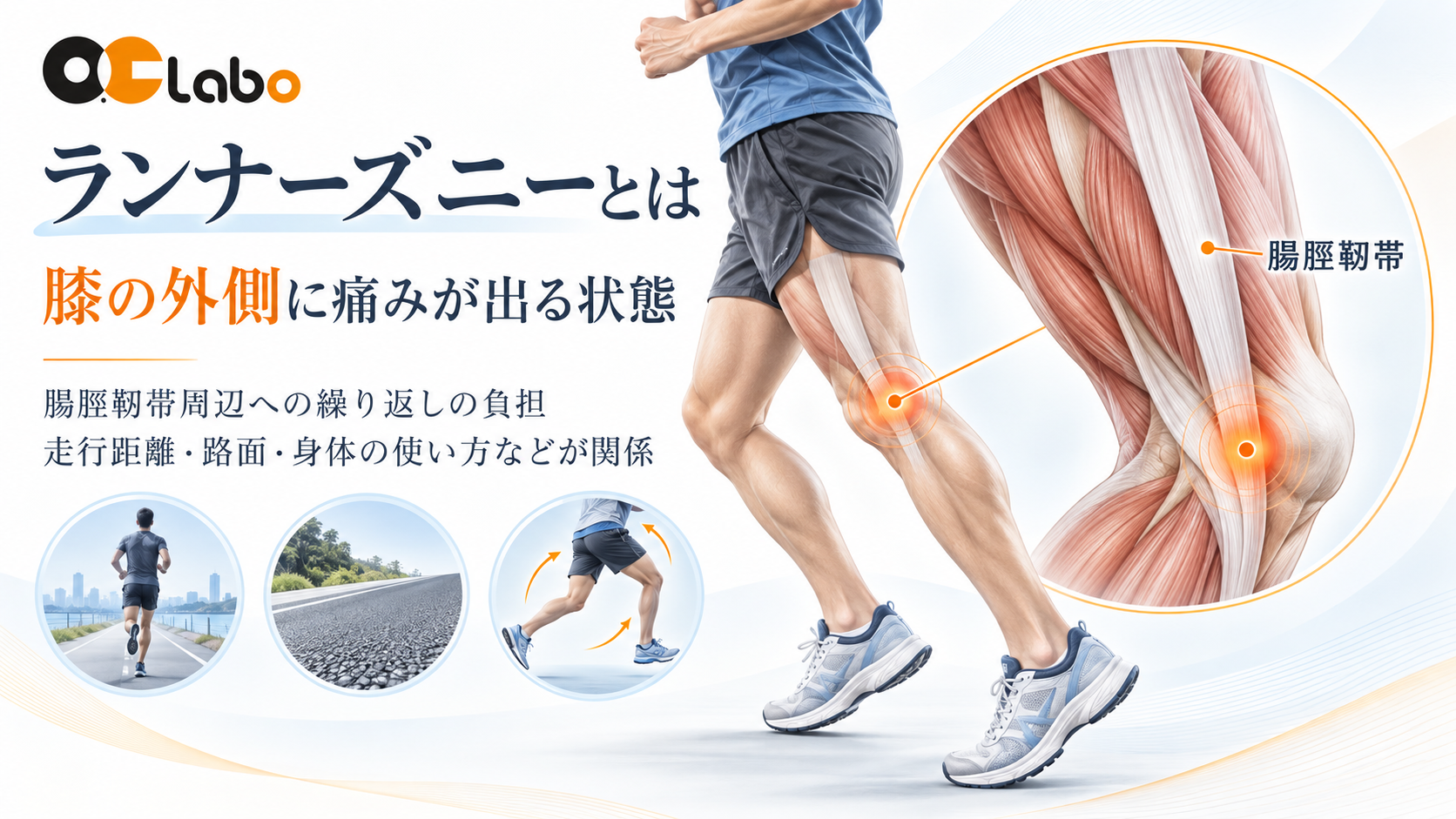ランナーズニーと腸脛靭帯周辺の膝外側痛を示す図
